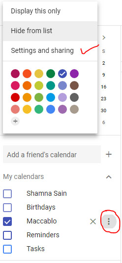 Share Google Calendar named Maccablo 